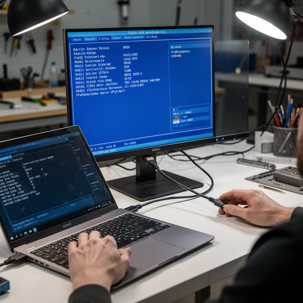 A laptop connected to an external monitor via HDMI cable, showing the computer BIOS screen on the monitor, clean desk environment, high-end photography.
