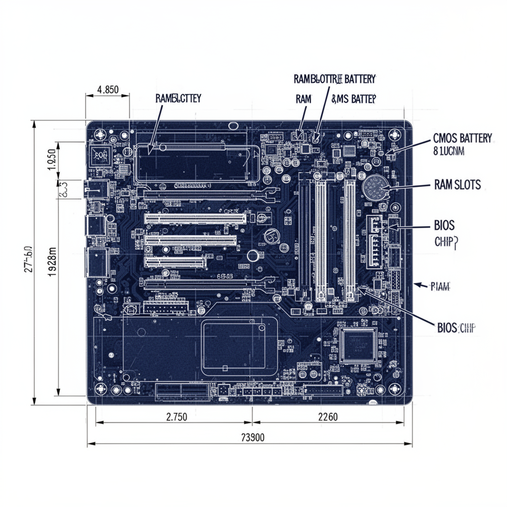 A technical diagram showing a laptop motherboard, indicating the battery, CMOS battery, RAM slots, and the BIOS chip, with clear labels and arrows pointing to the relevant components, white background, professional engineering style.