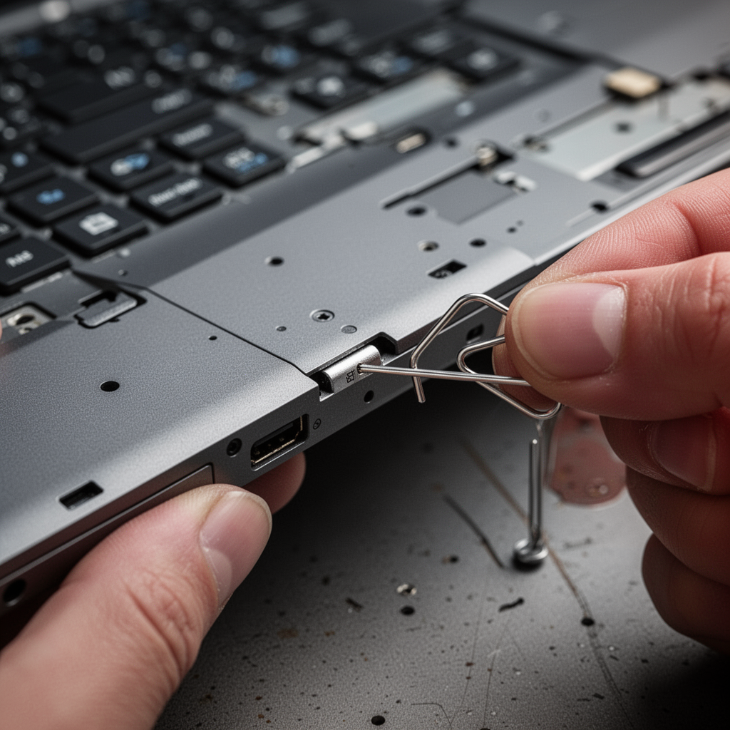 Close-up of a tiny reset pinhole on the side of a laptop chassis, with a paperclip held by a finger, professional aesthetic.