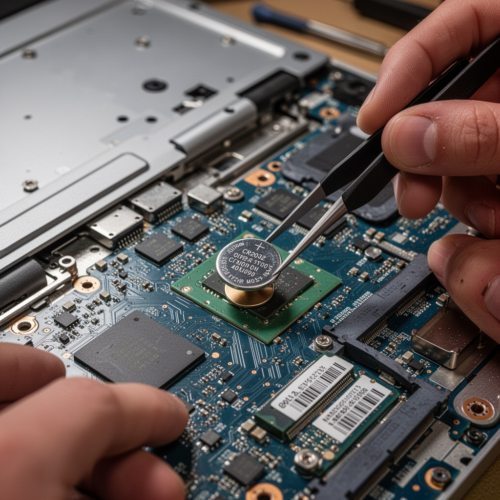 Detailed view of a laptop motherboard with the back cover removed, highlighting the small circular CR2032 CMOS battery with a pair of non-conductive tweezers.