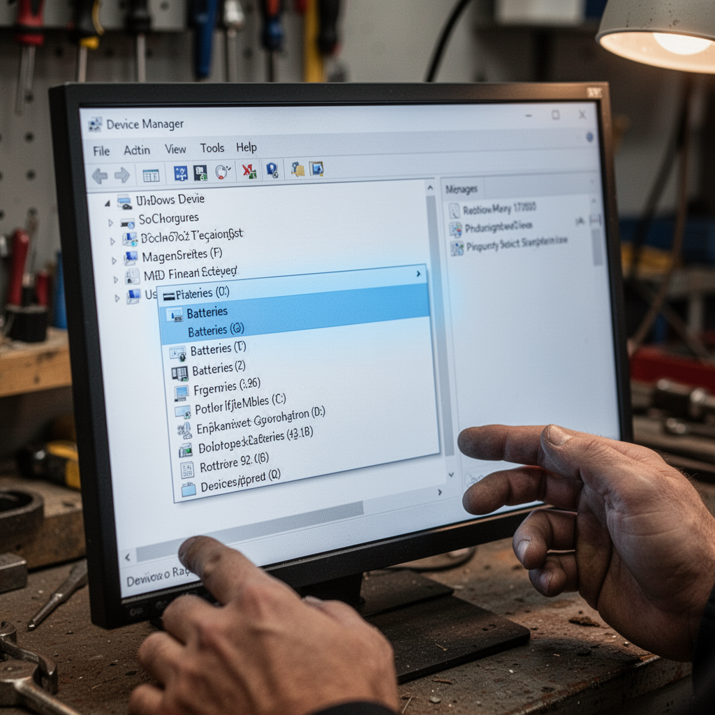 A clean, digital screenshot-style graphic showing the Windows Device Manager interface with the 'Batteries' dropdown menu highlighted in a soft blue light.