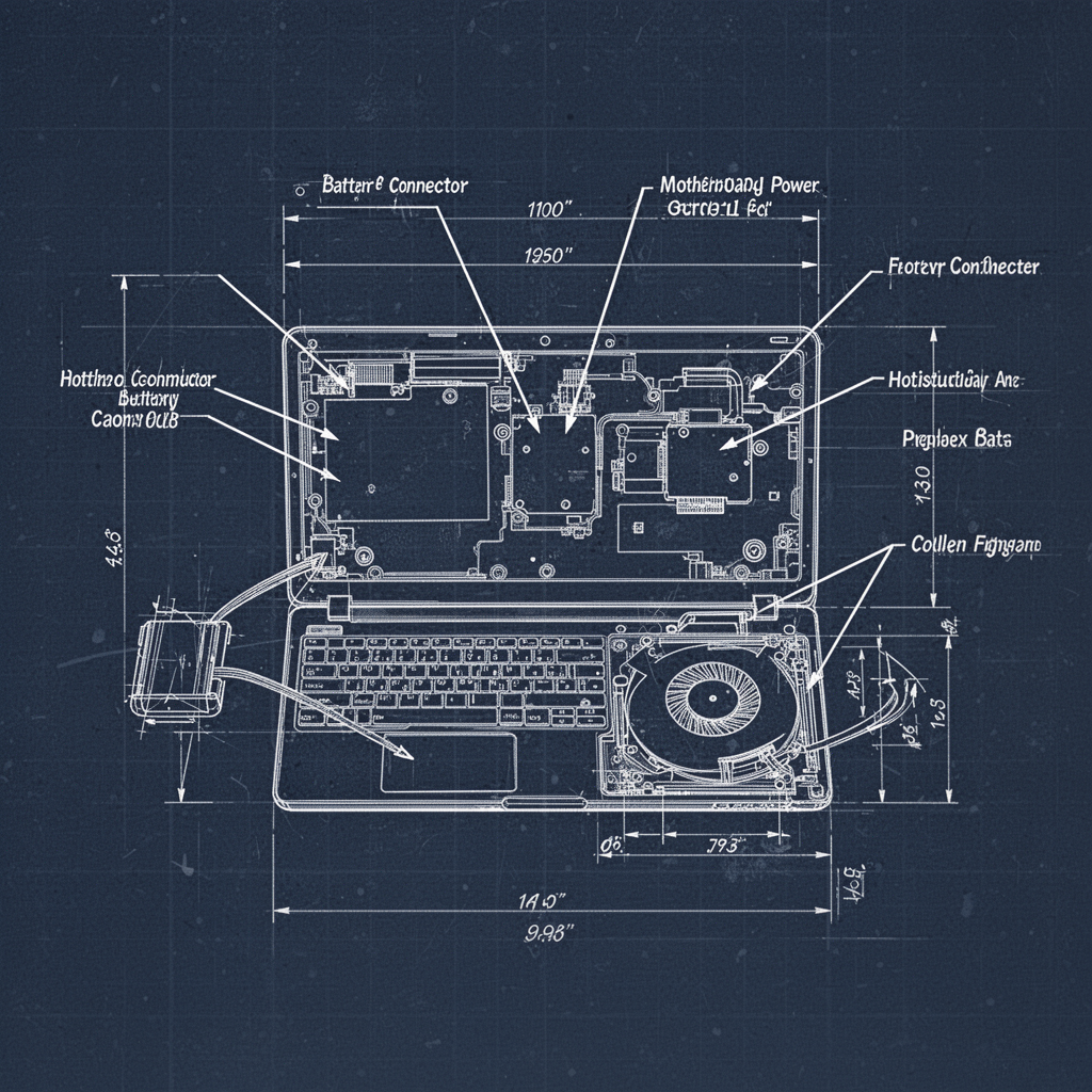 A professional technical blueprint diagram showing the internal layout of a laptop, with arrows pointing to the battery connector, motherboard power controller, and the cooling fan assembly, presented in a clean, minimalist white-on-blue technical schematic style.