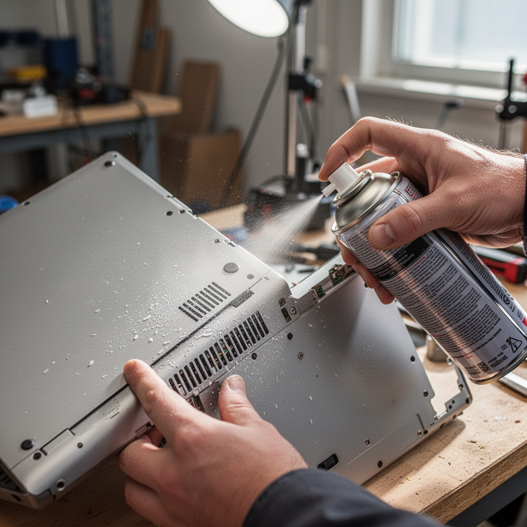 A close-up shot of a person using a can of compressed air to carefully clean the ventilation slots on the side of a metallic laptop chassis, illuminated by bright, natural workspace lighting.