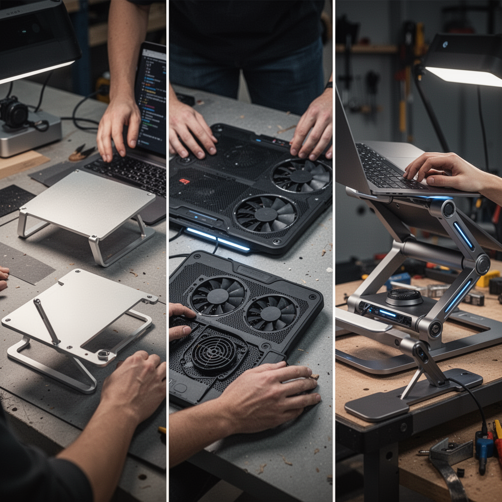 A comparison display of three different types of laptop cooling solutions: a minimalist aluminum stand, a dual-fan cooling pad, and a premium ergonomic station.