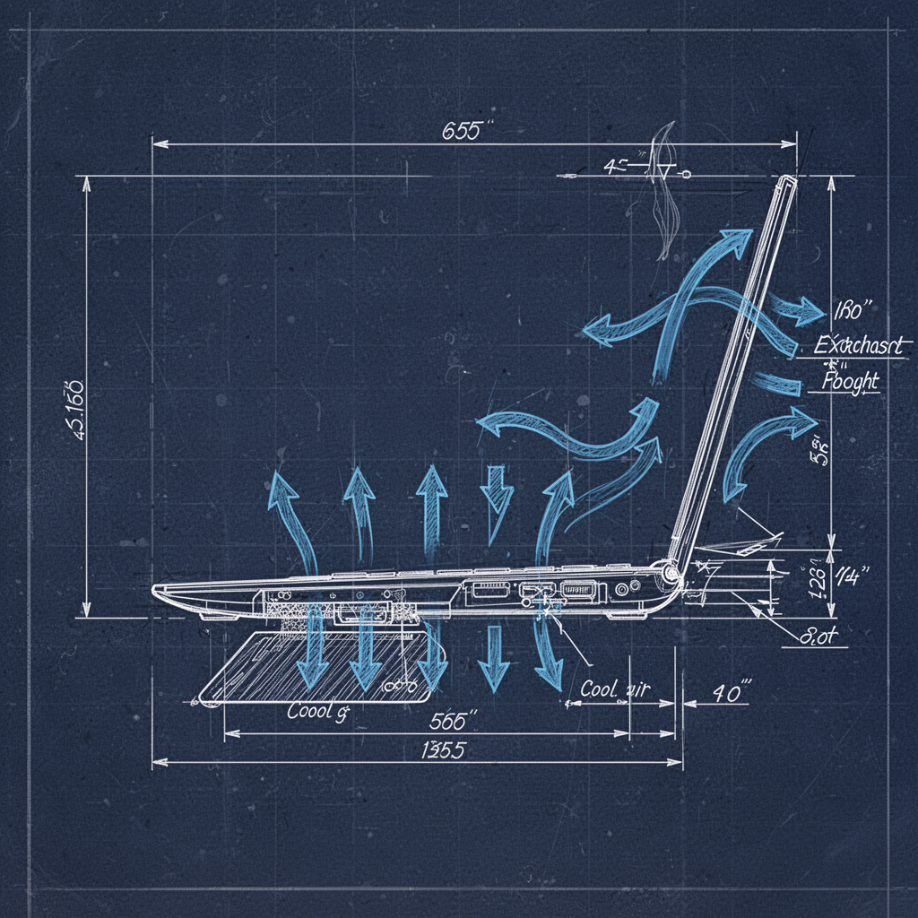 A technical blueprint diagram showing a side-profile layout of a laptop, with arrows indicating the airflow path: cool air entering through the bottom cooling pad and hot air exiting through the rear exhaust vents.