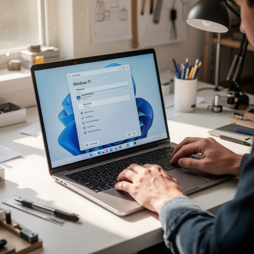 A bright, clean desk setup featuring a modern laptop with a Windows 11 display settings menu open, captured in soft natural sunlight.