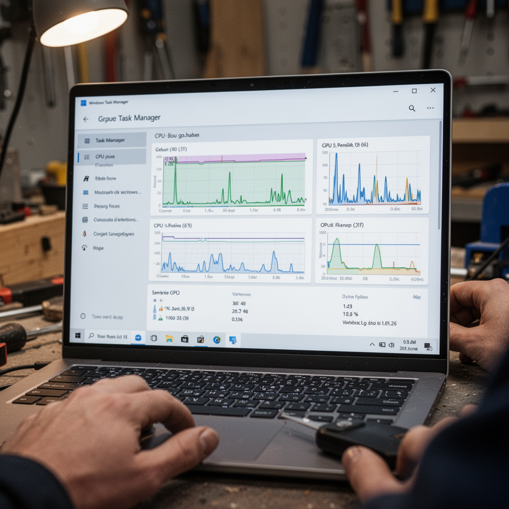 A close-up, sharp-focus shot of a Windows 11 Task Manager window showing CPU and GPU usage on a laptop screen with a clean, modern UI
