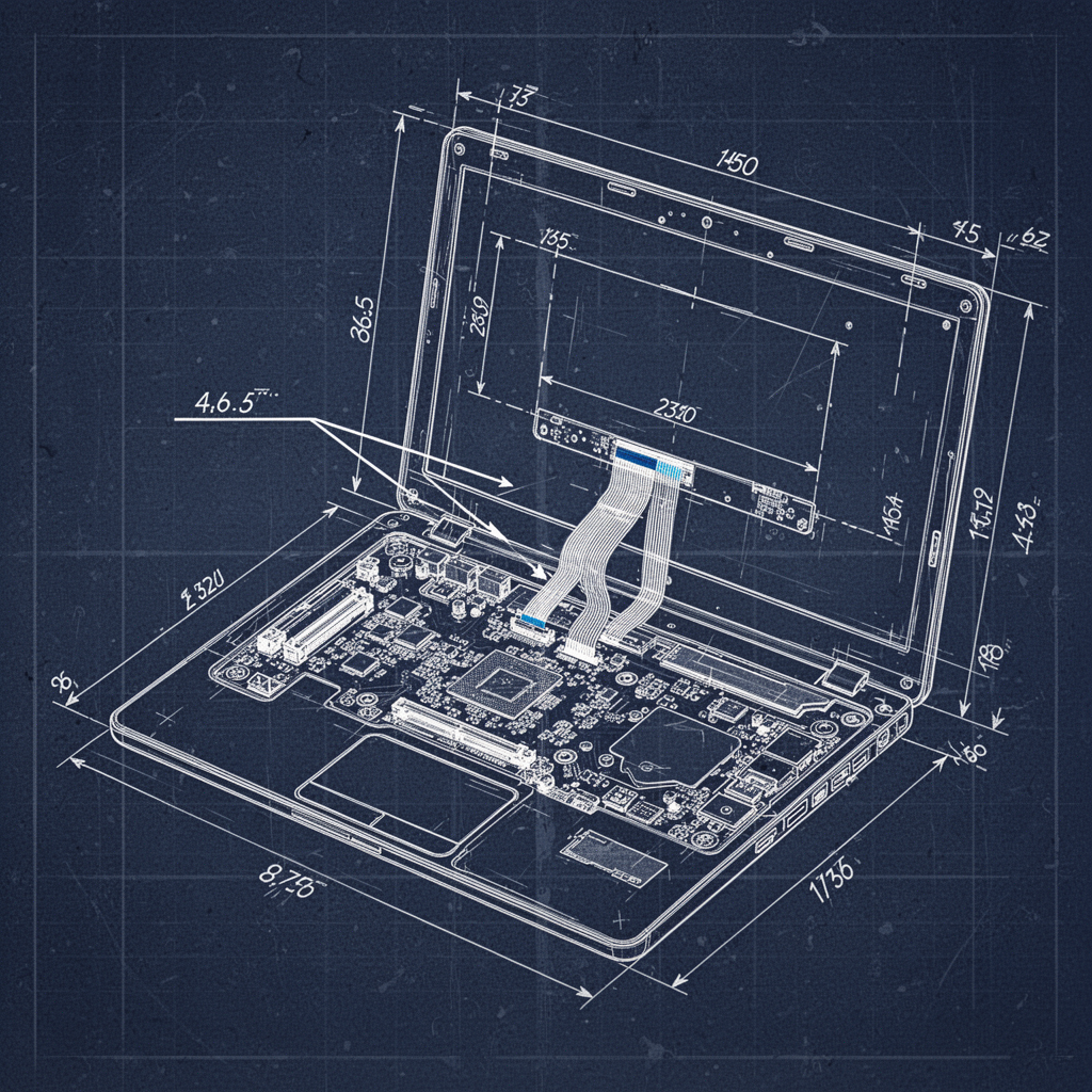 A detailed, technical blueprint diagram showing the internal layout of a laptop, highlighting the connection between the motherboard, the ribbon cable, and the screen panel.