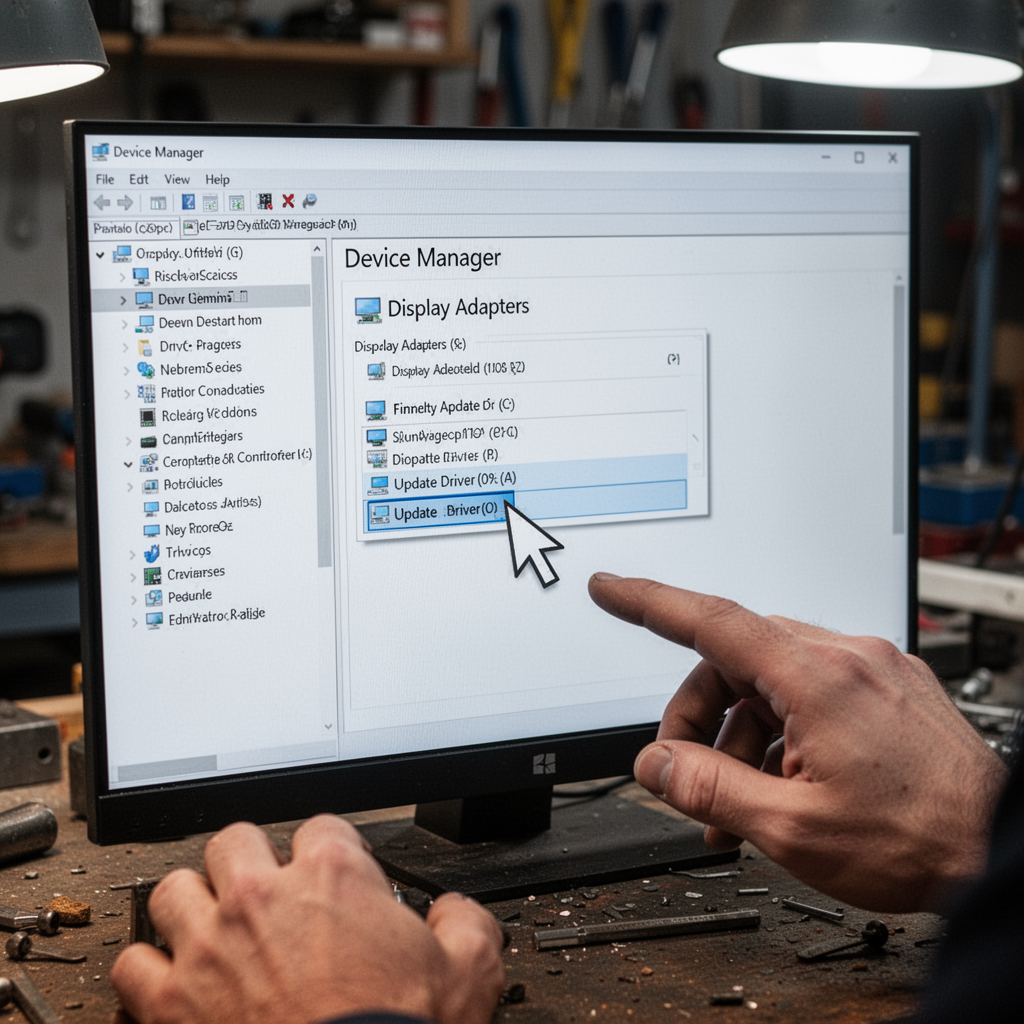 A high-quality, ultra-realistic screenshot-style photo of the Windows 11 Device Manager menu expanded to show the Display Adapters section, with a mouse cursor hovering over the update driver option.
