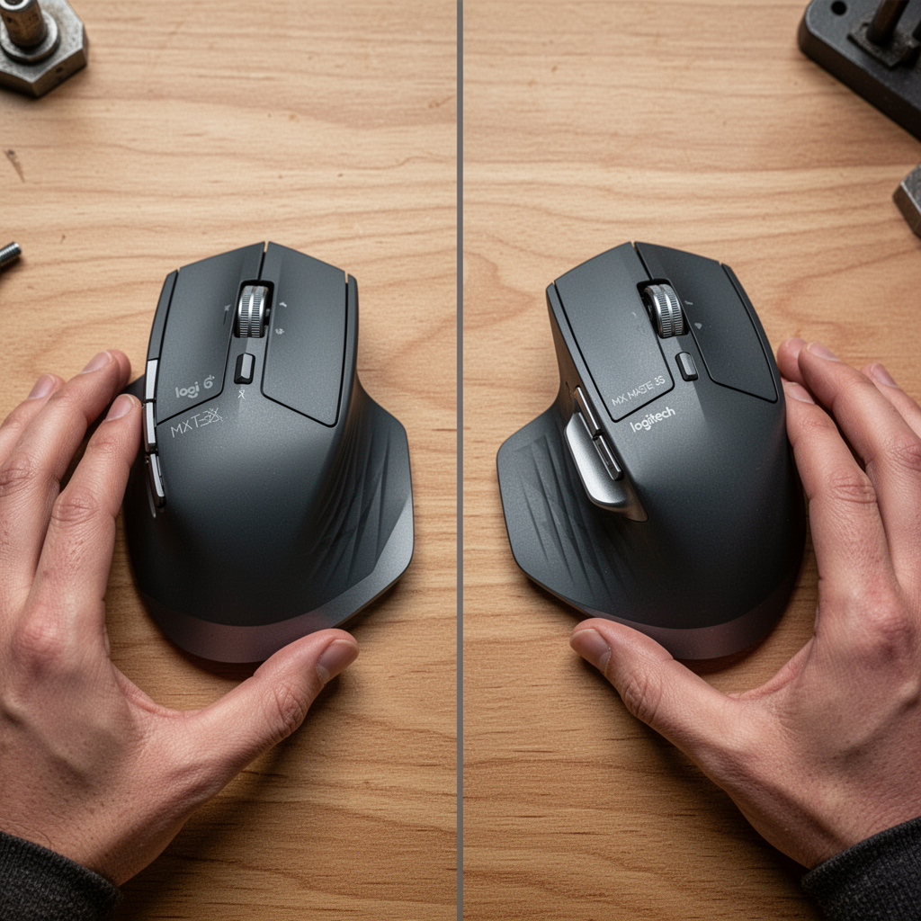 A professional, high-resolution top-down studio shot comparing the Logitech MX Master 3 and MX Master 3S side-by-side on a clean oak desk, showing the ergonomic curvature and the thumb rest area, cinematic lighting, shallow depth of field.