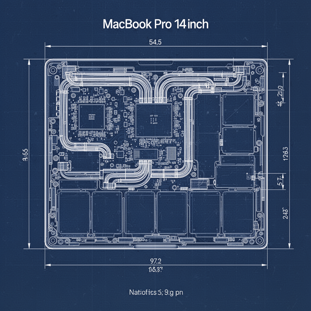 A detailed technical blueprint schematic showing the internal layout, cooling pipes, chip placement, and battery modules of a MacBook Pro 14-inch, clean white lines on blue background.