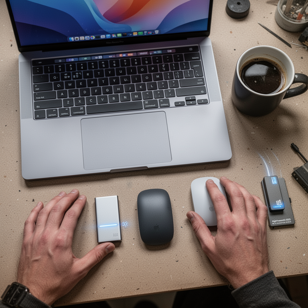 A flat lay of a MacBook Pro 14, a wireless mouse, a high-speed external SSD, and a coffee mug, shot from above, organized workspace aesthetic.
