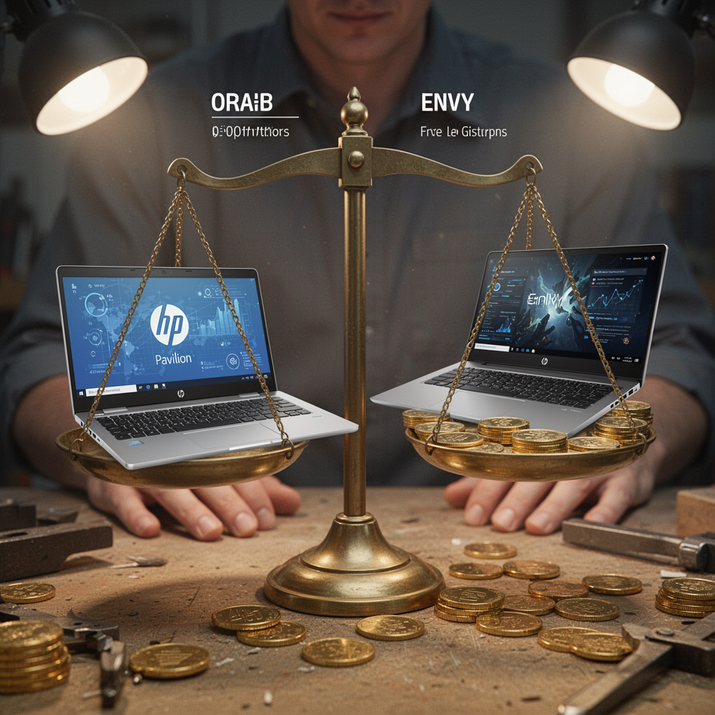 A conceptual financial comparison infographic style shot, showing a balanced scale with an HP Pavilion on one side and an HP Envy on the other, gold coins surrounding the Envy, soft professional lighting.
