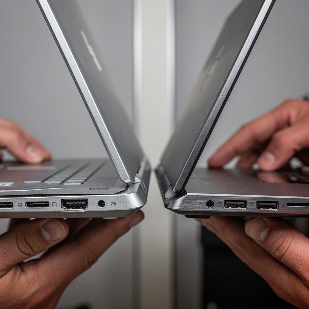 A professional, ultra-realistic close-up studio shot comparing an HP Pavilion (silver plastic finish) side-by-side with an HP Envy (brushed aluminum finish), showing the hinge design and port depth, soft studio lighting, neutral background.