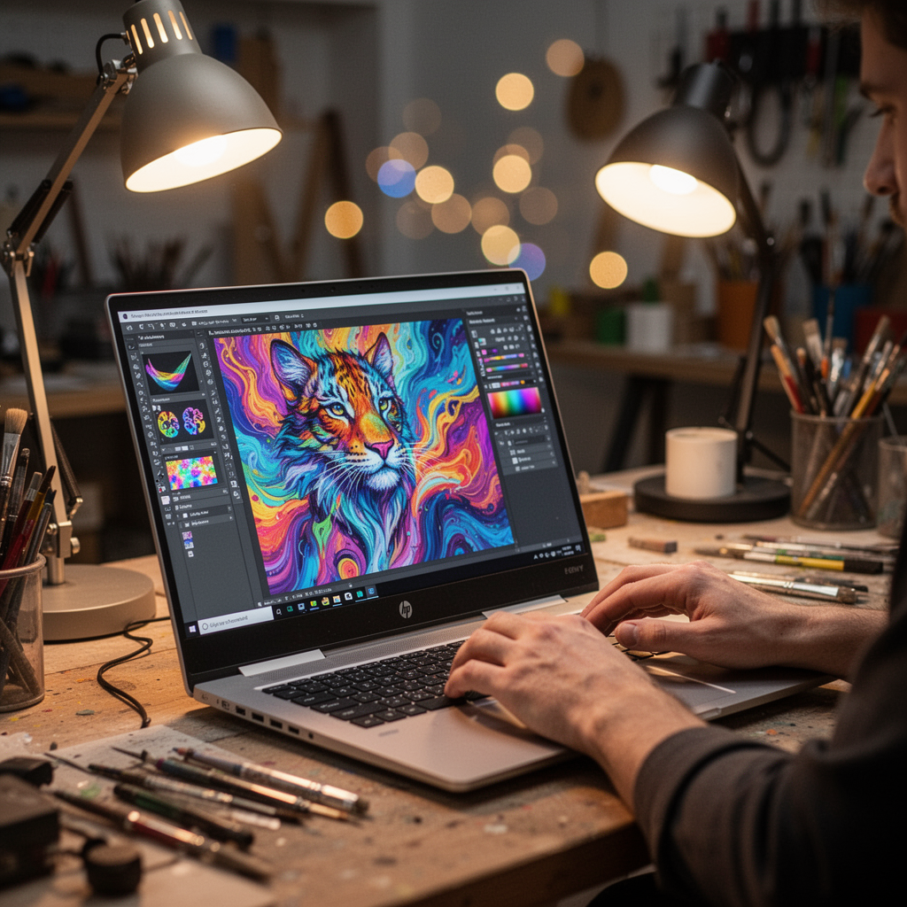 A vibrant creative workspace with a digital artist working on an HP Envy laptop, colorful digital art on screen, modern aesthetic, warm desk lamp, bokeh background, ultra-realistic.