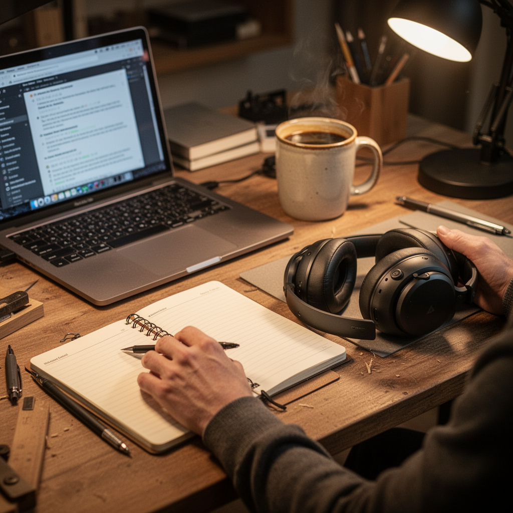 A organized desk setup featuring a laptop, a notebook, a coffee mug, and a pair of noise-canceling headphones, warm lighting, cozy study atmosphere, ultra-realistic.