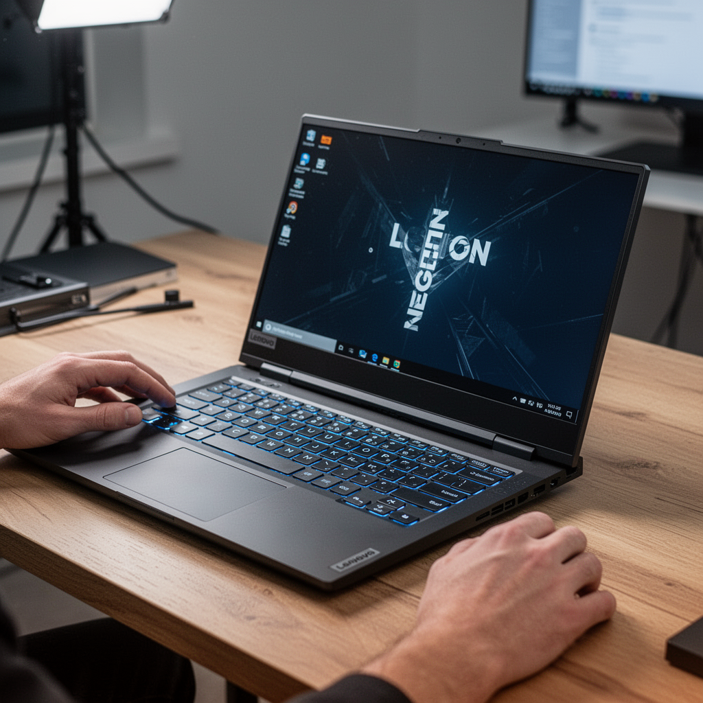 A professional, studio-lit close-up shot of a sleek Lenovo Legion 5 laptop sitting on a clean wooden desk, keyboard glowing with subtle blue backlighting, high-resolution aesthetic, minimalist office background, 85mm lens, sharp focus.