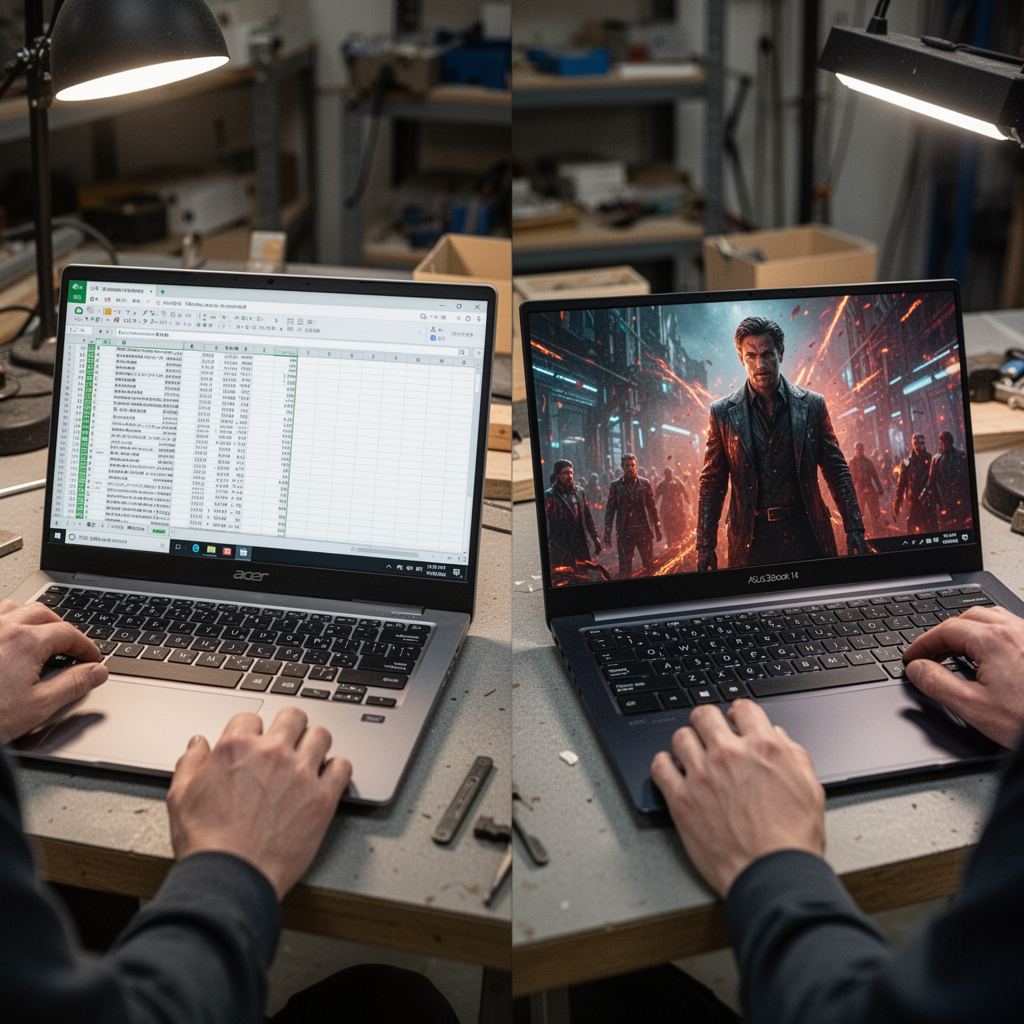 A side-by-side comparison photograph of two laptops on a desk: one showing a spreadsheet on the Acer Swift 3, the other showing a vibrant movie scene on the Asus Zenbook 14, highlighting the contrast in visual fidelity.
