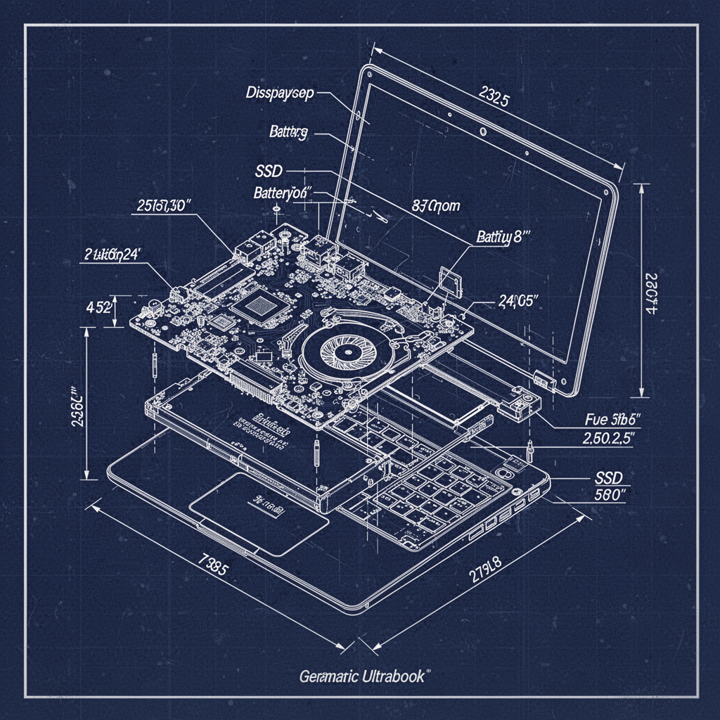 A technical blueprint-style diagram showing an exploded view of a generic ultrabook laptop, highlighting component locations like the motherboard, battery, fan, SSD, and display panel, clean white lines on a navy blue background.