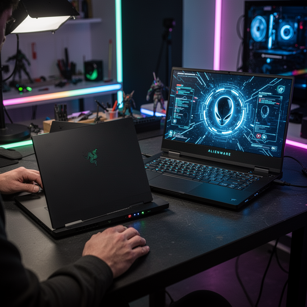 A professional studio photograph showcasing a sleek black Razer Blade 15 closed next to an open Alienware m16 displaying a vibrant neon-blue gaming interface on its screen, high-end desk setup with ambient RGB lighting, 8k resolution, cinematic lighting.