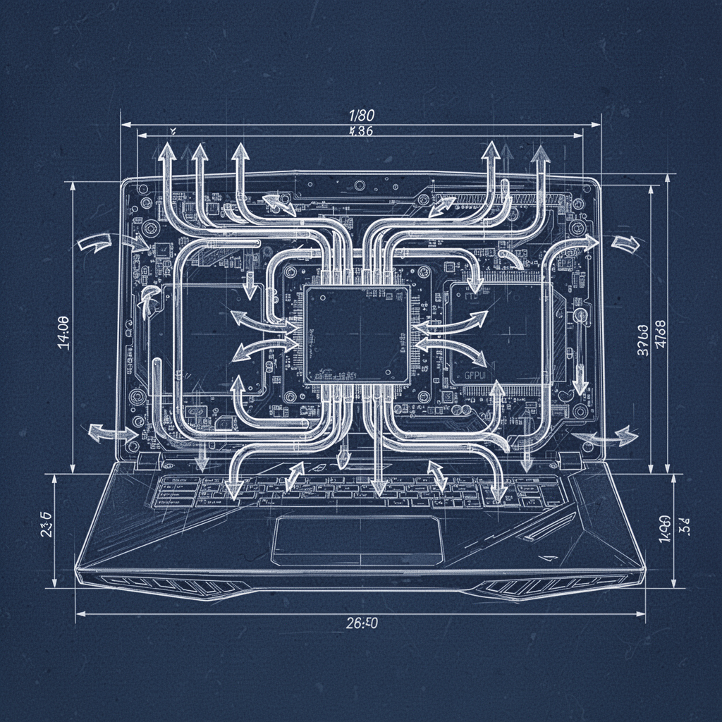 A technical blueprint style diagram showing the internal airflow layout of a high-performance gaming laptop, highlighting heat pipes, CPU/GPU placement, and intake/exhaust zones with arrows indicating airflow direction, clean white lines on blue background.