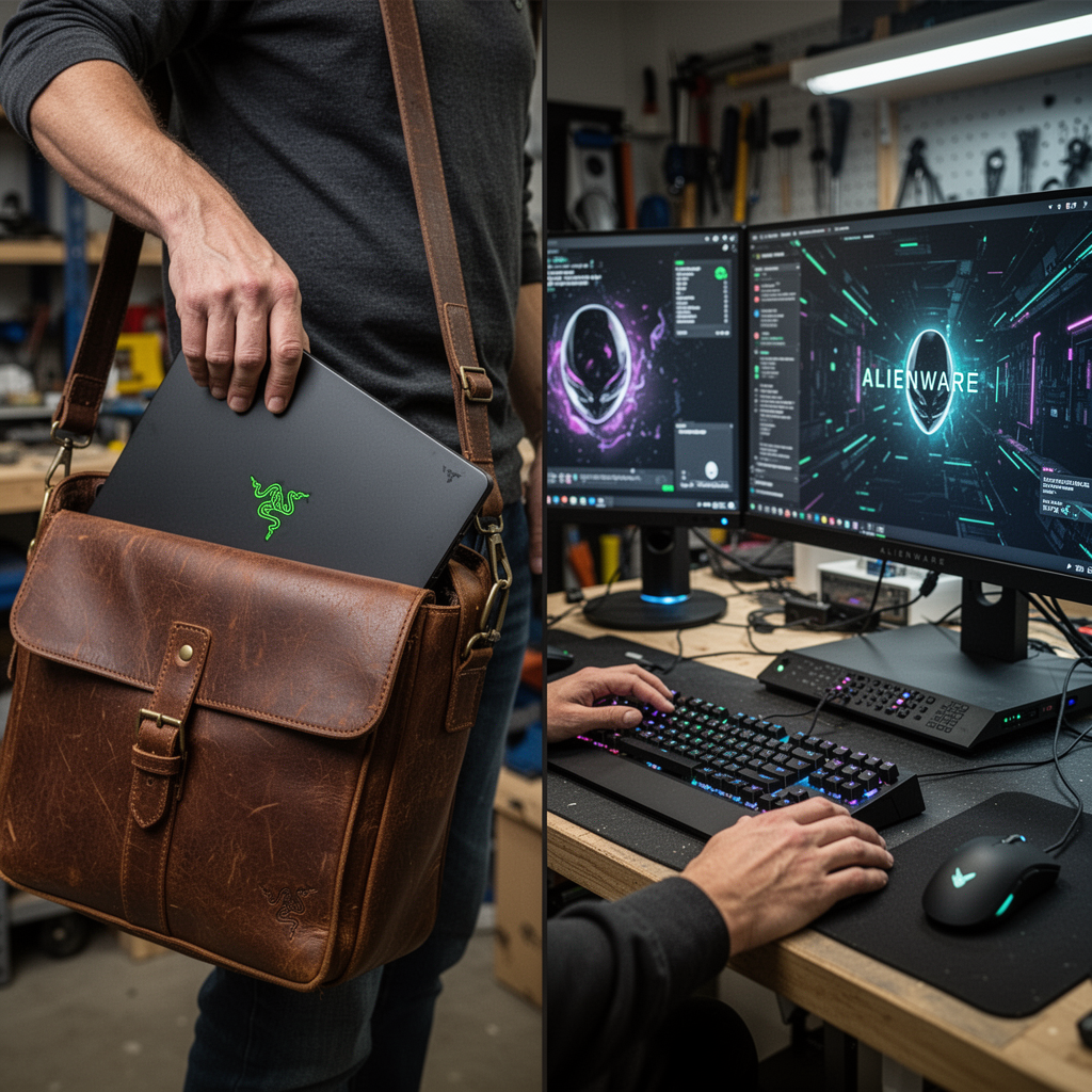 Split screen view: Left side showing a slim Razer Blade 15 being carried in a stylish leather messenger bag; Right side showing an Alienware m16 connected to a dual-monitor gaming setup with an external mechanical keyboard and gaming mouse.