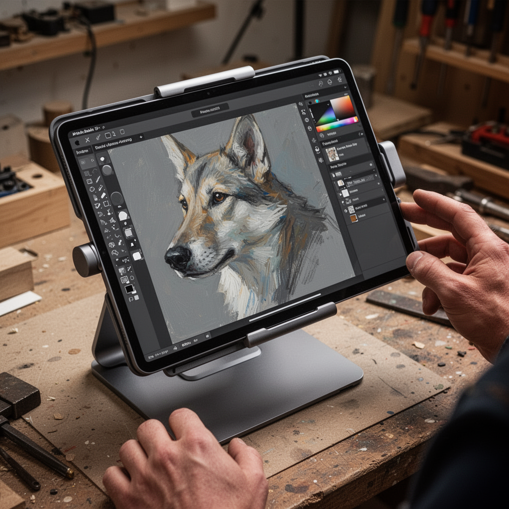 A sleek Apple iPad Pro mounted on an ergonomic stand, showing a digital painting application open, top-down view.