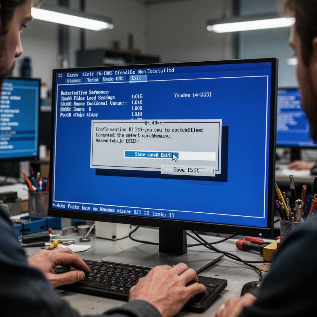 A computer screen displaying a 'Save and Exit' confirmation prompt in a BIOS environment, crisp text, professional office background.