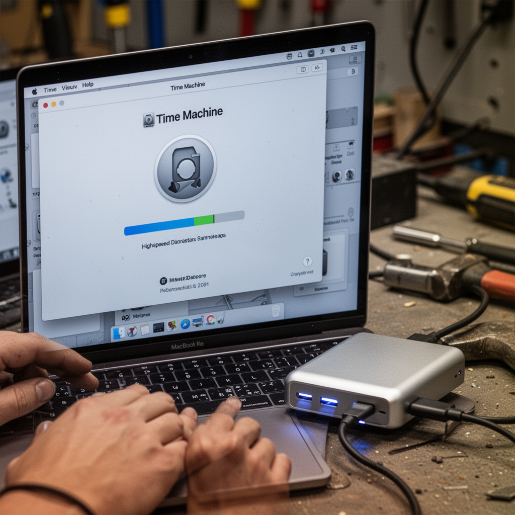 A close-up view of a MacBook screen showing the Time Machine interface with a progress bar, with a high-speed external drive connected via USB-C.