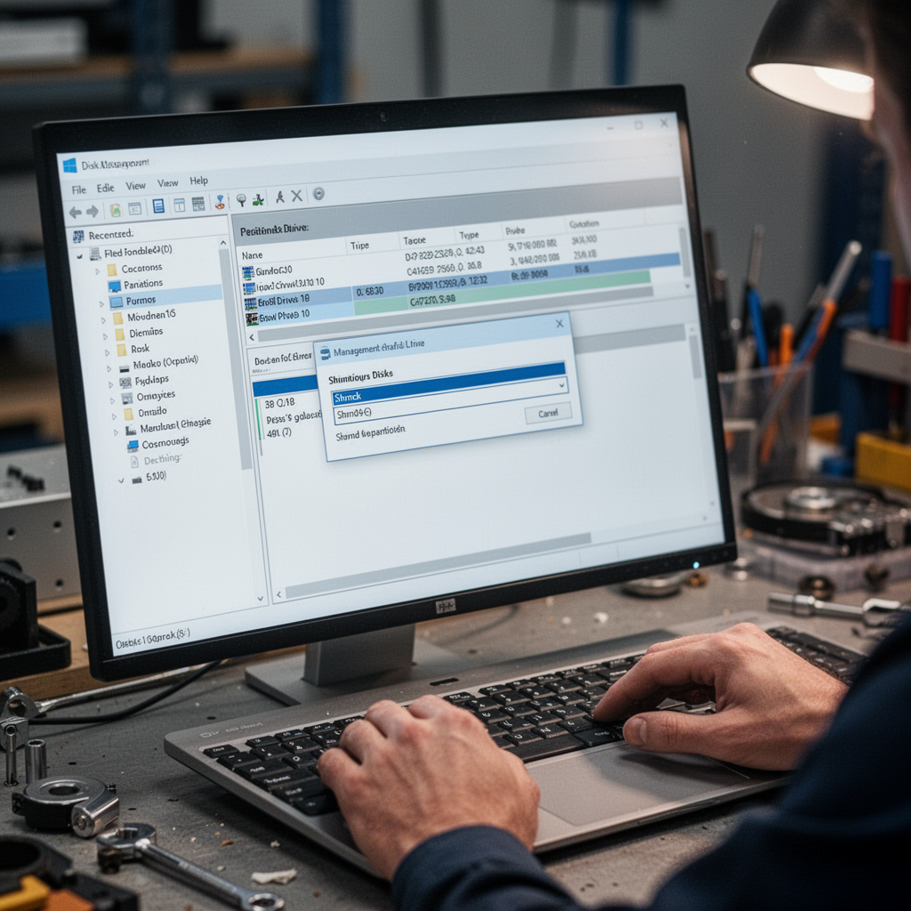 A close-up view of a Windows 10/11 Disk Management utility window showing a hard drive partition being shrunk, professional workspace aesthetics, crisp clean UI.