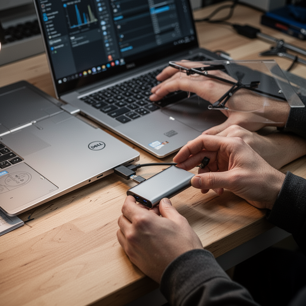 A professional ultra-realistic photograph of a user connecting an external portable SSD to a sleek silver Dell XPS laptop on a clean wooden desk, cinematic lighting, 8k resolution.