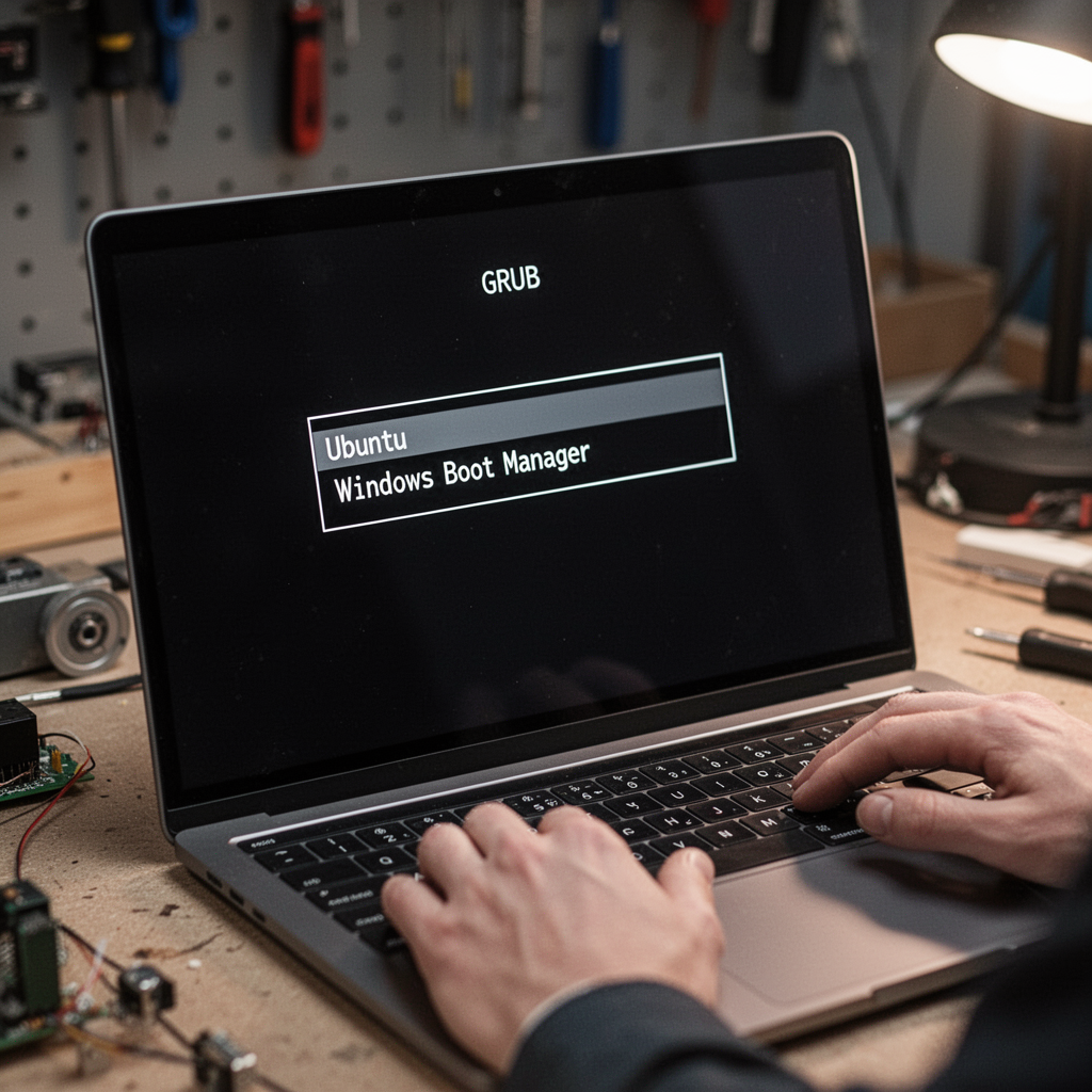 A sleek laptop screen displaying a black GRUB boot menu selection screen with options for 'Ubuntu' and 'Windows Boot Manager', elegant typography, modern tech aesthetic.