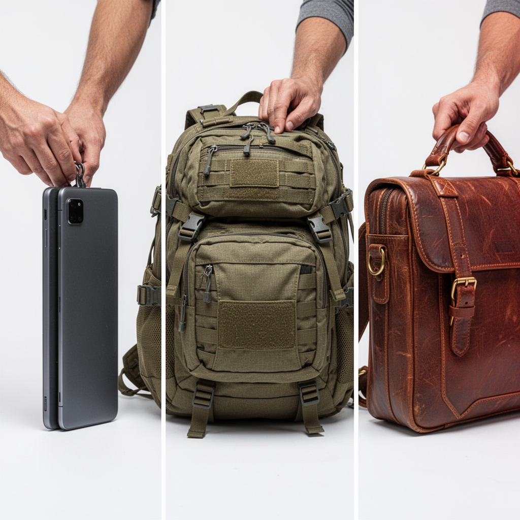 A comparison side-by-side shot of three different backpack types: a sleek slim-profile tech bag, a rugged outdoor-style backpack with heavy padding, and a professional leather-trimmed commuter bag. White studio background, professional lighting, crisp details on fabrics.