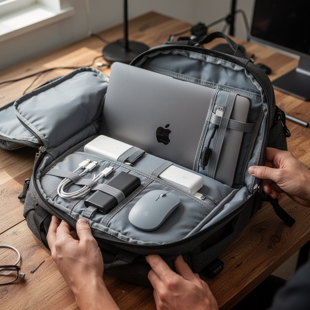 A professional, high-resolution lifestyle photograph of an open, organized tech-centric backpack sitting on a wooden desk. The bag features a clearly visible, padded suspended laptop sleeve with a slim MacBook Pro inside. Surrounding the laptop are organized elastic loops holding USB-C cables, a power bank, and a wireless mouse. Soft, natural morning light, minimalist office aesthetic, 85mm lens, shallow depth of field.