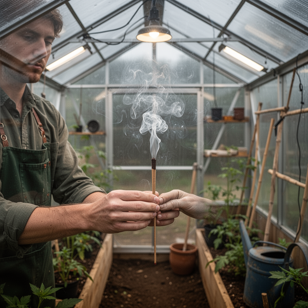 A person standing inside a small greenhouse holding a smoking incense stick to test airflow, showing the smoke stagnating in the center of the structure.
