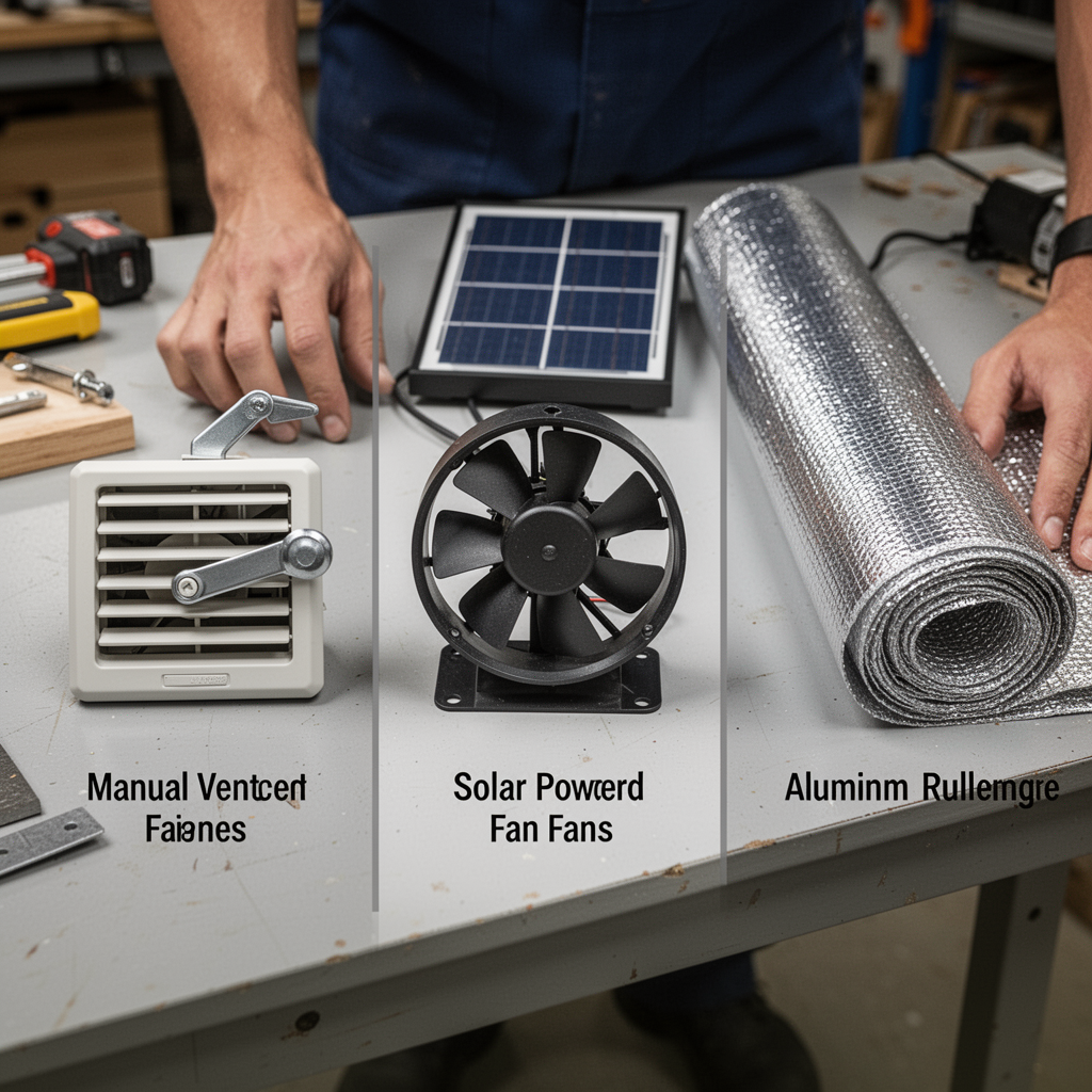 A side-by-side comparison display of three cooling options: a manual vent crank, a solar-powered fan, and a roll of aluminum shade cloth, all neatly arranged on a clean workbench.