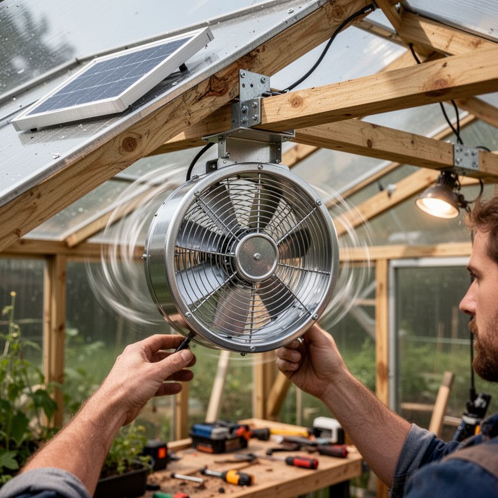 A small, high-velocity greenhouse circulation fan mounted to the rafters of a backyard greenhouse, with a small solar panel visible on the outside roof.