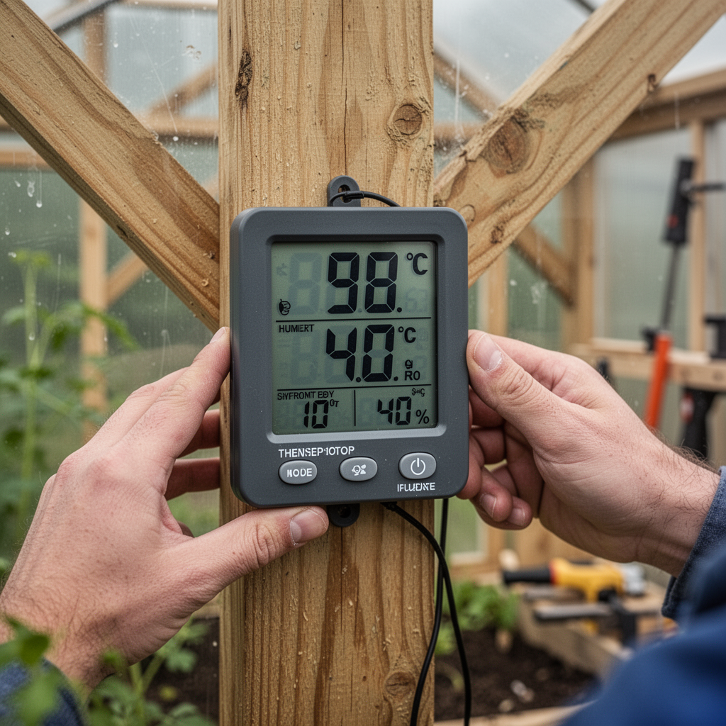 Close-up of a digital greenhouse thermometer-hygrometer displaying 98 degrees and 40% humidity, mounted on a wooden greenhouse support post.