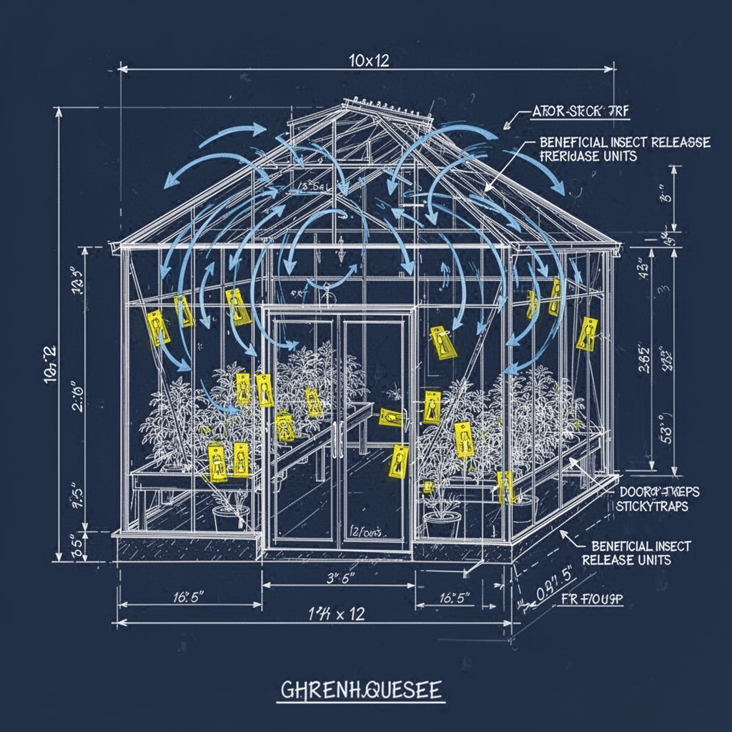 A clean, technical architectural blueprint diagram showing a 10x12 greenhouse. The diagram highlights airflow patterns with arrows, placement of yellow sticky traps near door and plant benches, and designated areas for beneficial insect release units, professional CAD-style rendering.