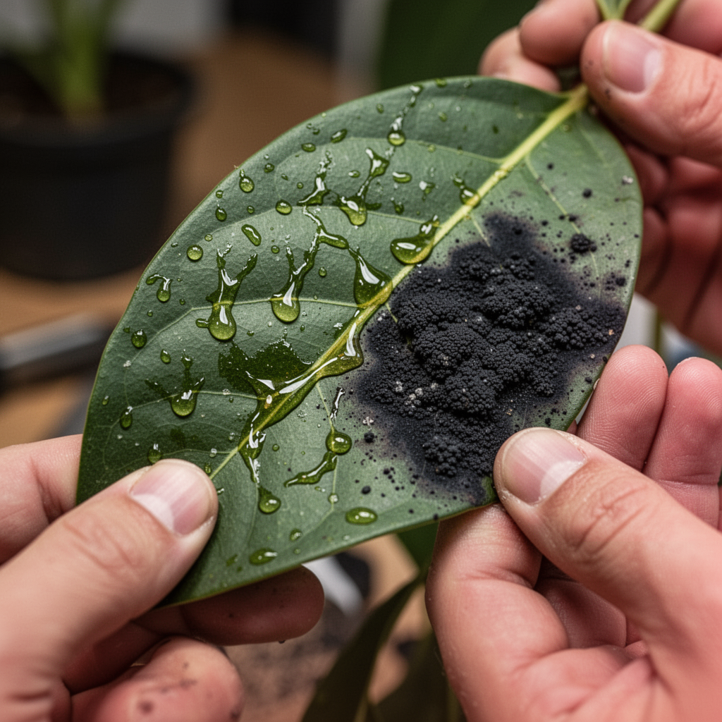 A close-up of a plant leaf with sticky, shiny honeydew residue, next to a patch of black sooty mold, sharp focus, professional botanical photography.