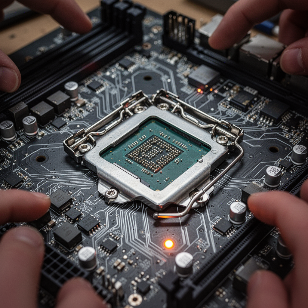 A close-up, macro shot of a motherboard showing the CPU socket area, with intricate electronic pathways, surface-mount components, and a subtle glowing LED light, representing modern high-performance computing hardware.