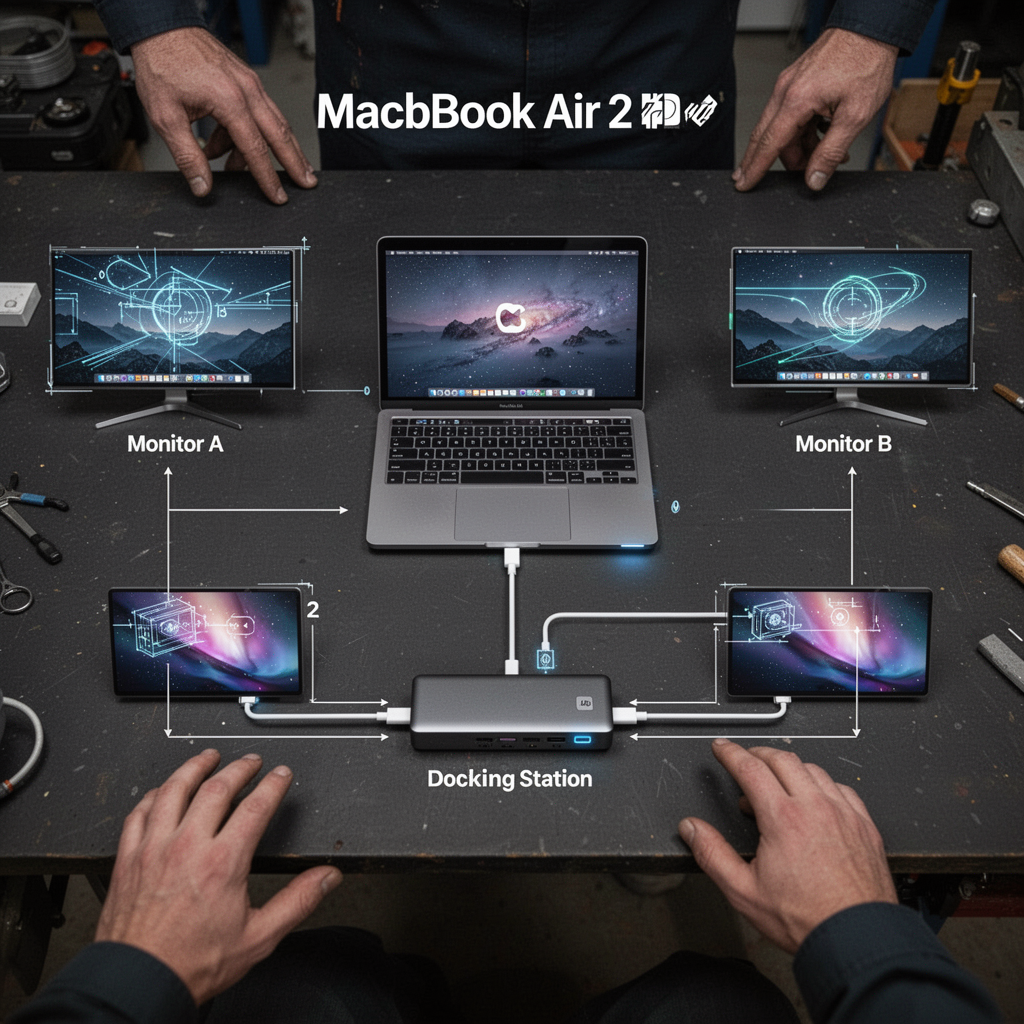 A clean, technical schematic illustration on a dark background showing the MacBook Air M2 in the center, connected via a single USB-C Thunderbolt cable to a Docking Station, which then splits into two distinct paths to Monitor A and Monitor B.