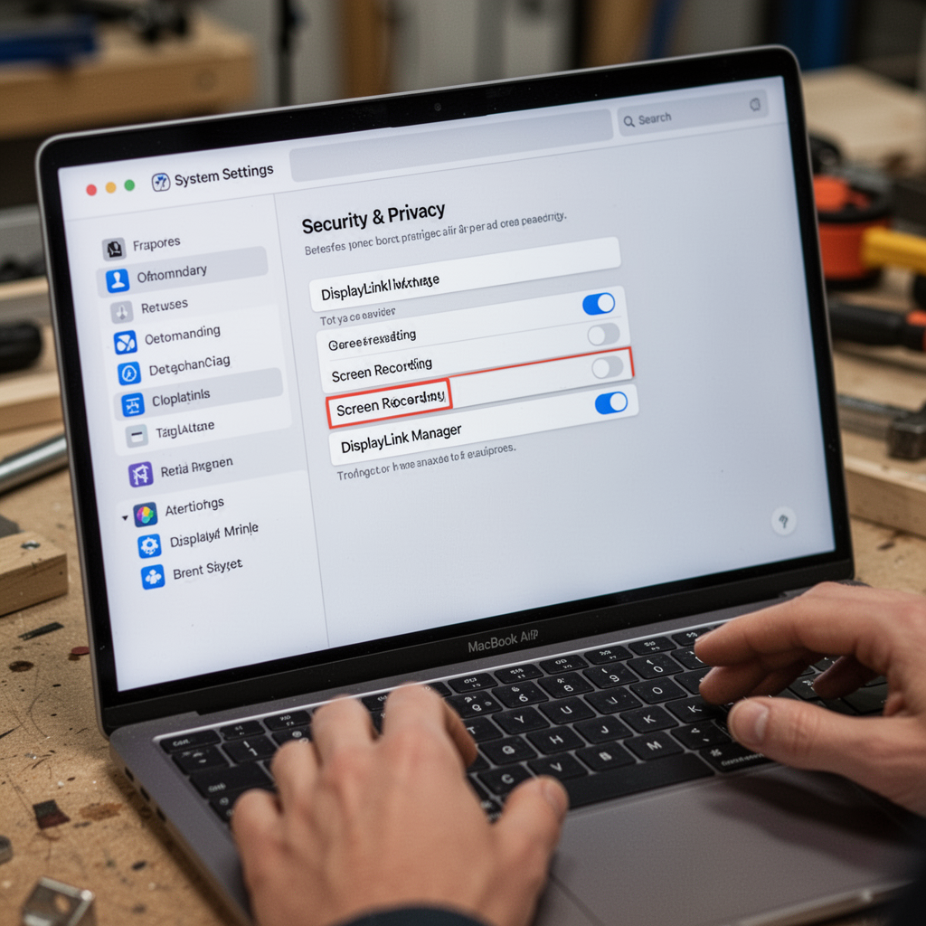 A close-up of a MacBook Air M2 screen showing the macOS System Settings menu, specifically the Security & Privacy section with the "Screen Recording" permission toggle highlighted for DisplayLink Manager.