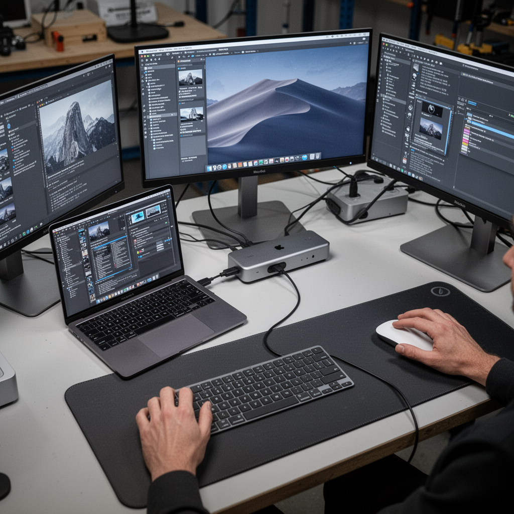 A high-angle, wide-shot of a professional workspace layout showing the MacBook Air M2 connected to a docking station, which feeds into two monitors, plus a wireless keyboard and mouse on a desk mat.