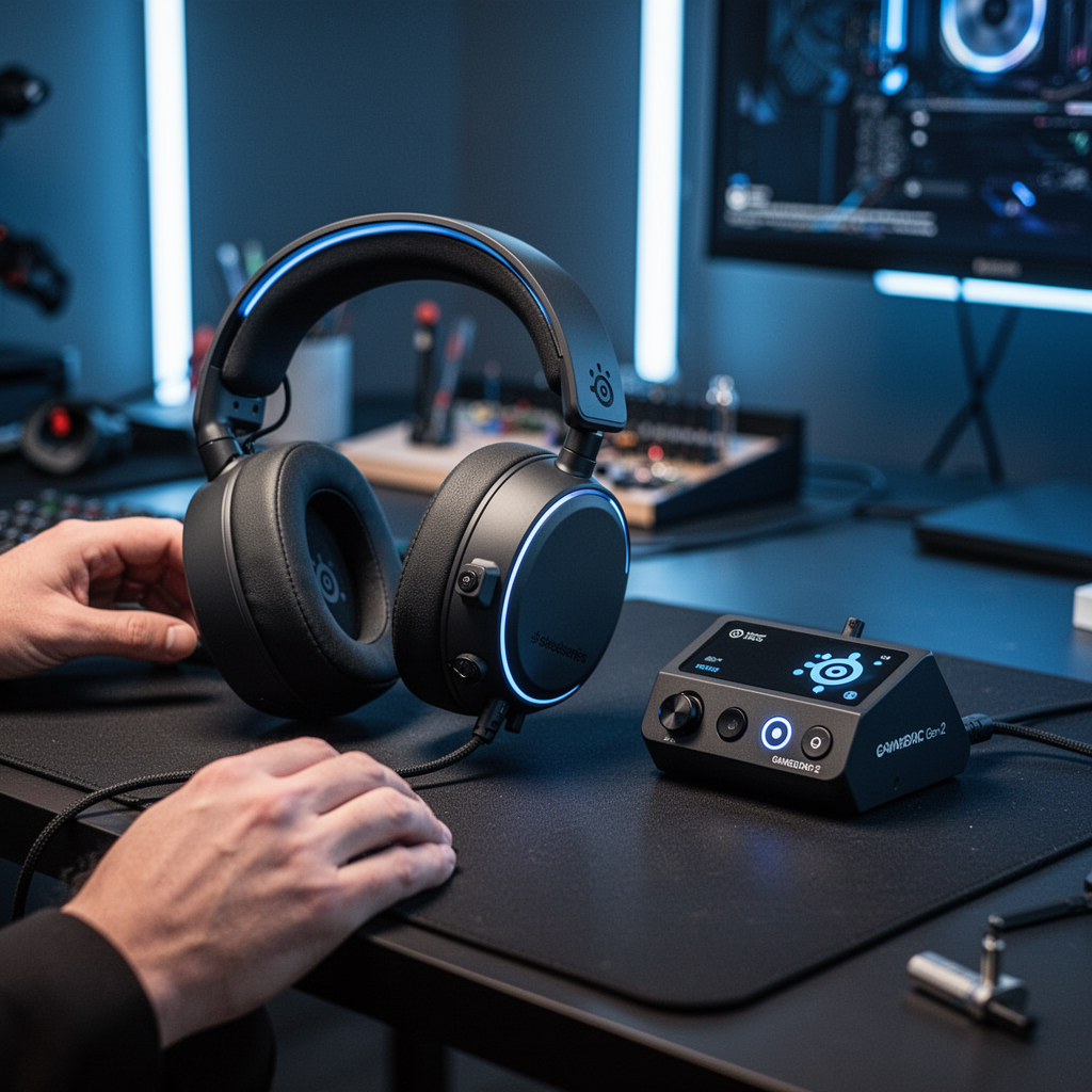 A professional, high-resolution studio photograph of the SteelSeries Arctis Nova Pro headset sitting on a sleek dark desk next to the GameDAC Gen 2 unit, soft blue neon lighting in the background, cinematic depth of field.
