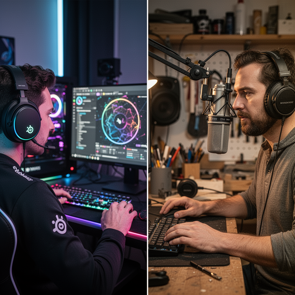 A split-screen composition. On the left, a gamer using the SteelSeries Arctis Nova Pro in a modern streaming setup with RGB lights. On the right, a dedicated audio enthusiast using Beyerdynamic DT 990s with a professional condenser microphone on a boom arm.