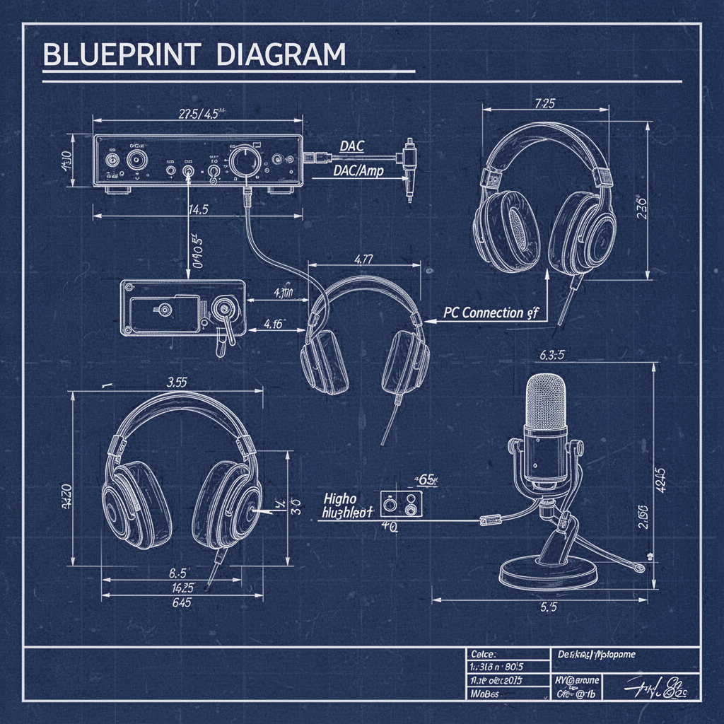 Blueprint diagram showing the technical layout of the project, including a DAC/Amp, a set of high-end headphones, a PC connection, and a desktop microphone setup, drafted in a clean, technical schematic style.