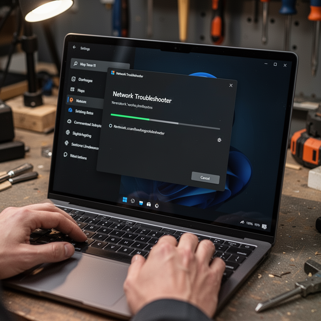 A close-up, high-resolution professional photograph of a Windows 11 settings screen displaying the 'Network Troubleshooter' window in dark mode, showing a progress bar on a sleek laptop screen.