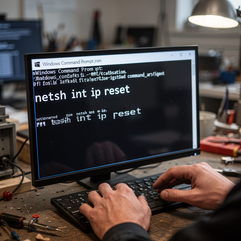 A sharp, clear photo of a Windows Command Prompt window showing the text 'netsh int ip reset' being typed, with a blurred office background.