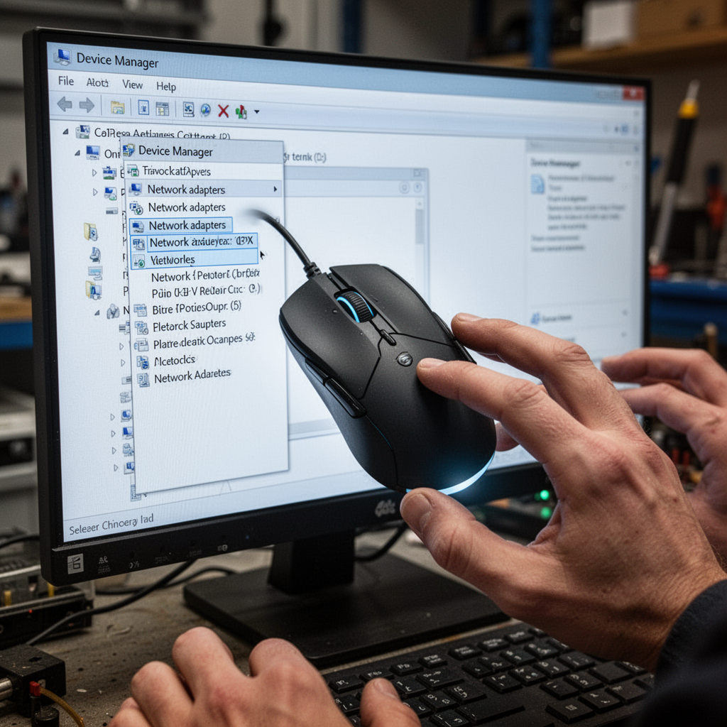 Professional macro shot of a computer mouse hovering over the 'Device Manager' window on a high-definition monitor, showing the Network adapters dropdown menu expanded.